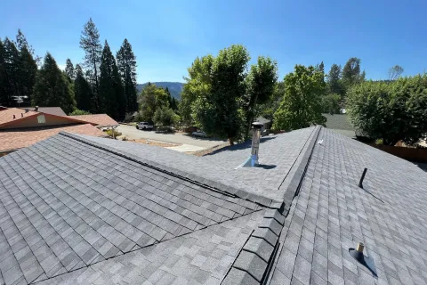 Composition shingle roof with ridge cap and vents