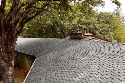 Charcoal shingle roof with a brick chimney